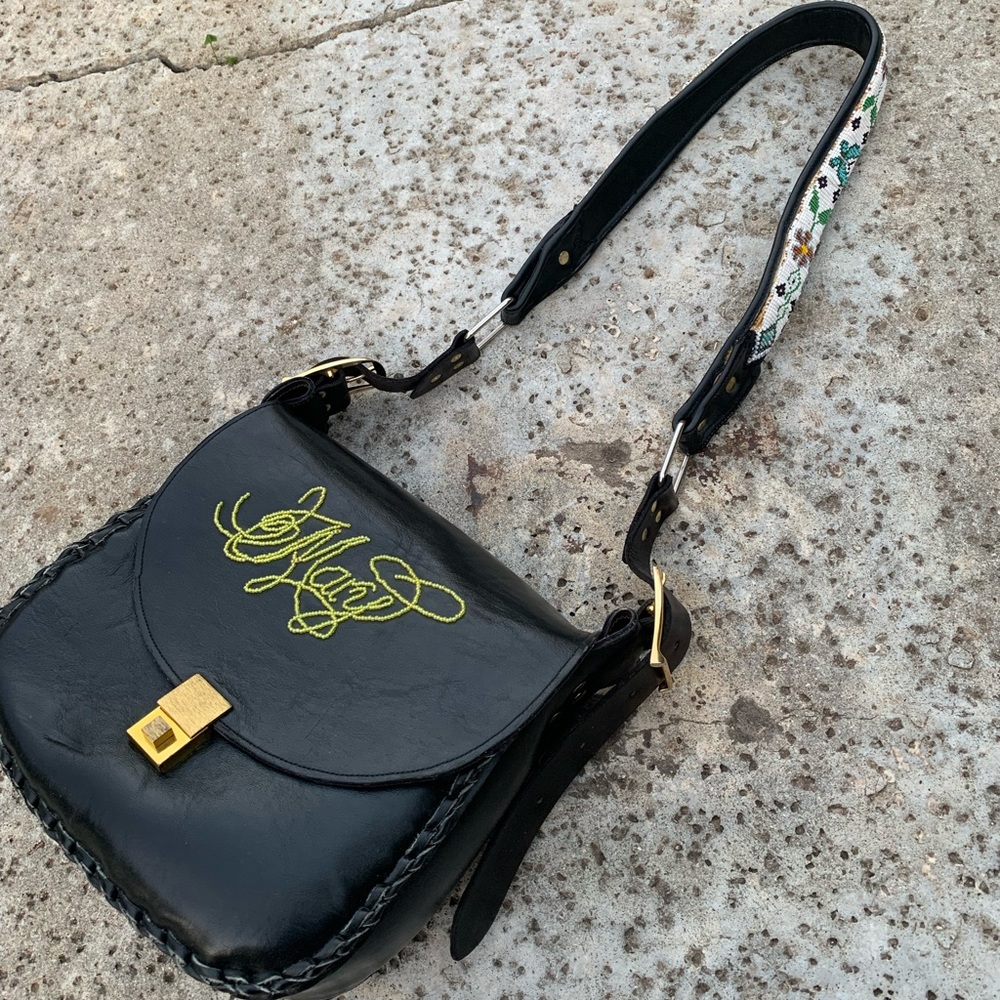 1960 beaded black leather motorcycle hippie purse